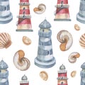 Sea Ã¢â¬â¹Ã¢â¬â¹travel lighthouse corals shells beach watercolor illustration